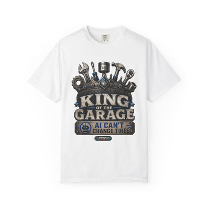 White t-shirt with 'King of the Garage' graphic design on a white background