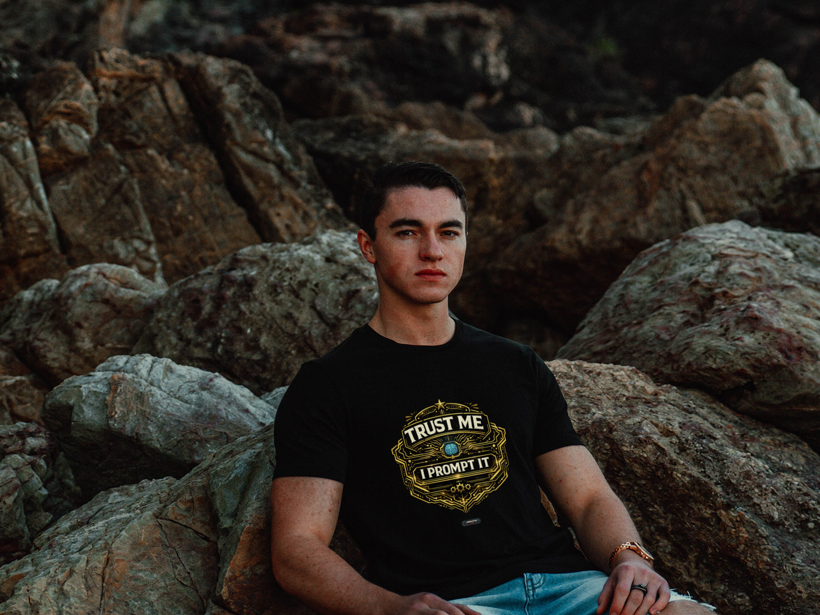 Person wearing a black t-shirt with text sitting on rocks