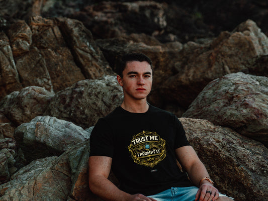 Person wearing a black t-shirt with text sitting on rocks