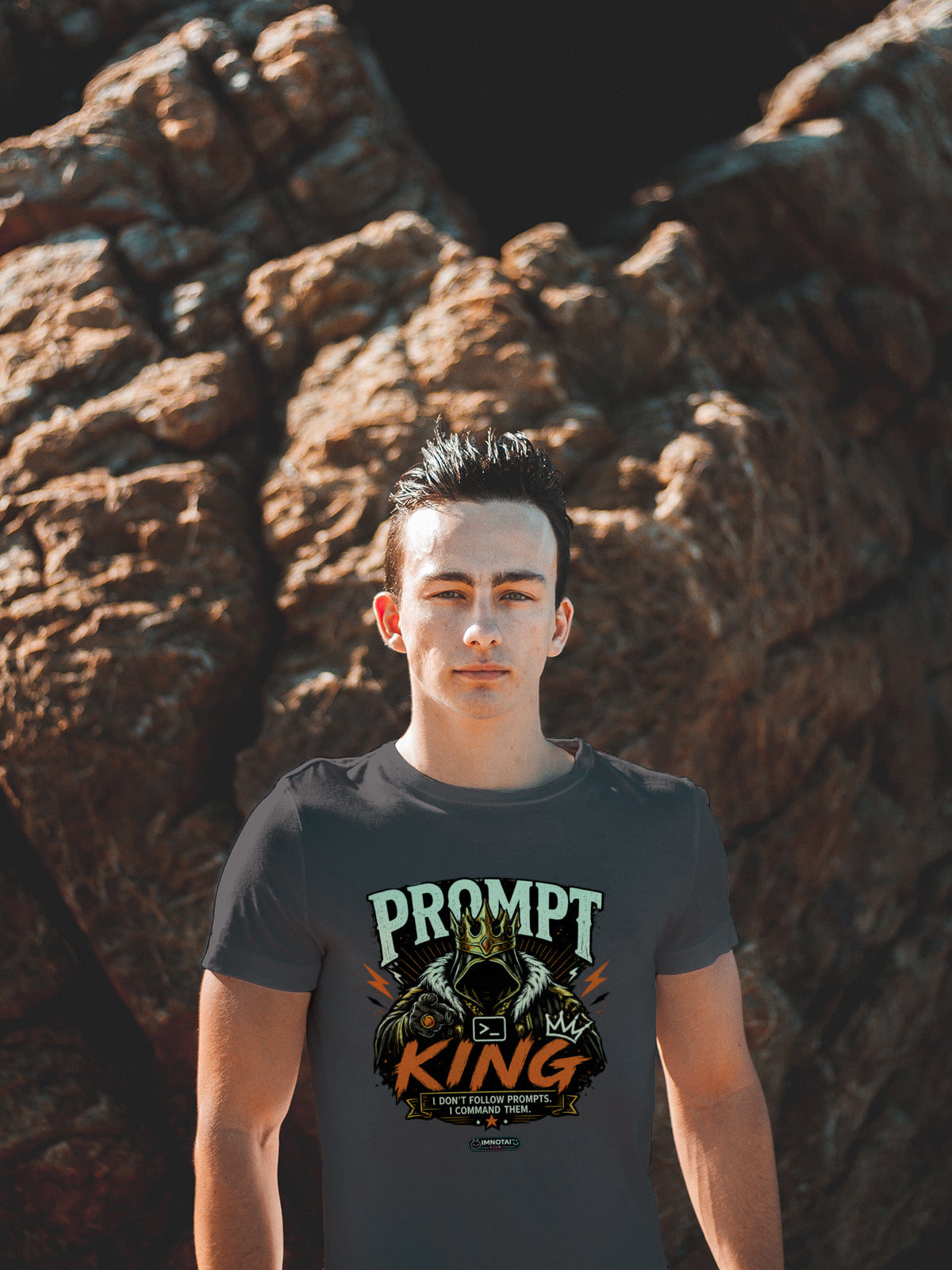Person wearing a t-shirt with 'Prompt King' design in front of a large rock.