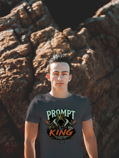 Person wearing a t-shirt with 'Prompt King' design in front of a large rock.