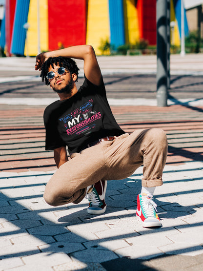 Person posing on a street with colorful background