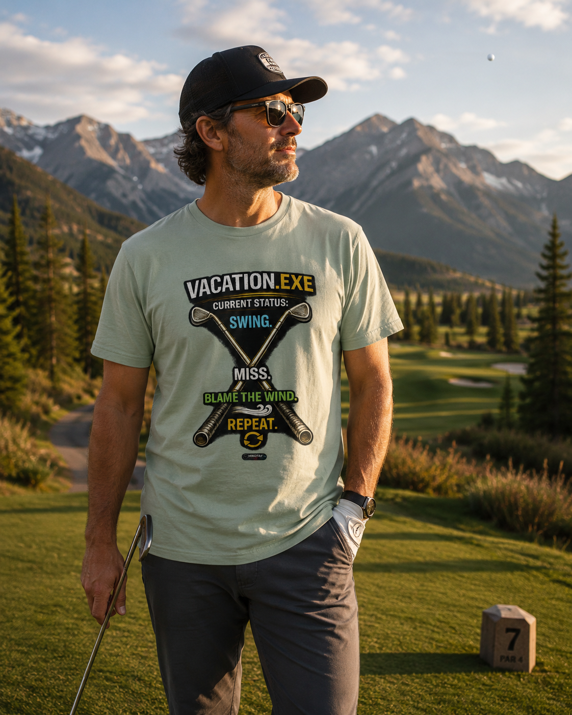 Vacation.exe Golf T-Shirt  "Current Status: Swing, Miss, Blame the Wind, Repeat"