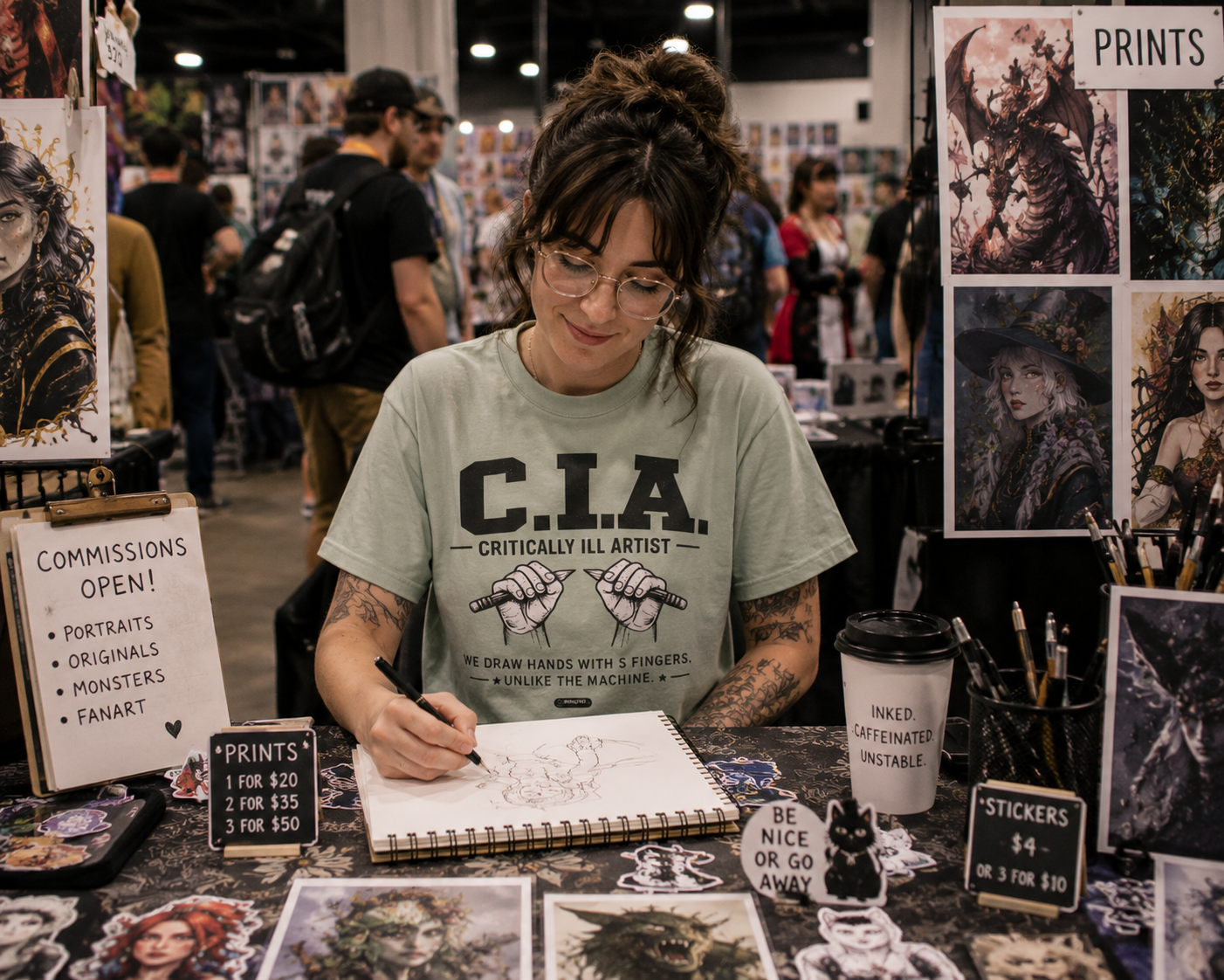 C.I.A — Critically  iLL Artist T‑Shirt (We Draw Hands With 5 Fingers) BLUE FONT