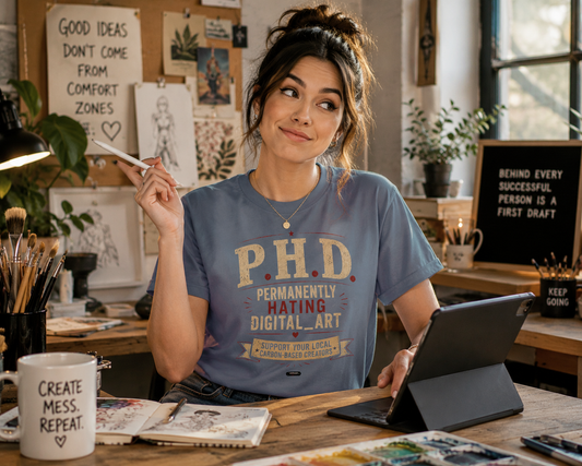 P.H.D. "Permanently Hating Digital Art" Graphic T-Shirt — Funny Artist Tee