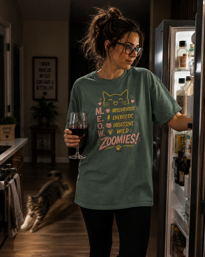 CAT "MEOW" Mischievous Energetic Obsessive Wild Zoomies T-Shirt