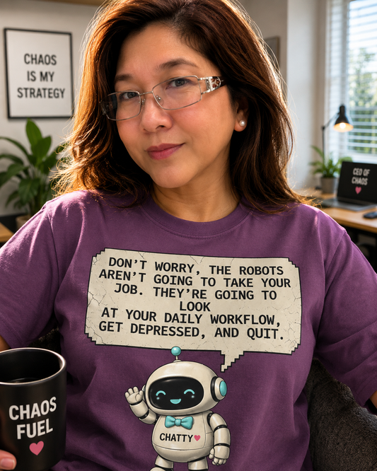 Message From Chatty "Don't Worry, The Robots Aren't Going to Take Your Job..." Cute AI Humor Tee