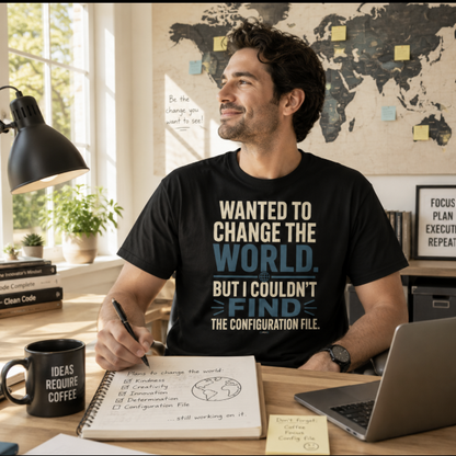 Wanted to Change the World, But I Couldn't Find the Configuration File. Funny Tech T-Shirt