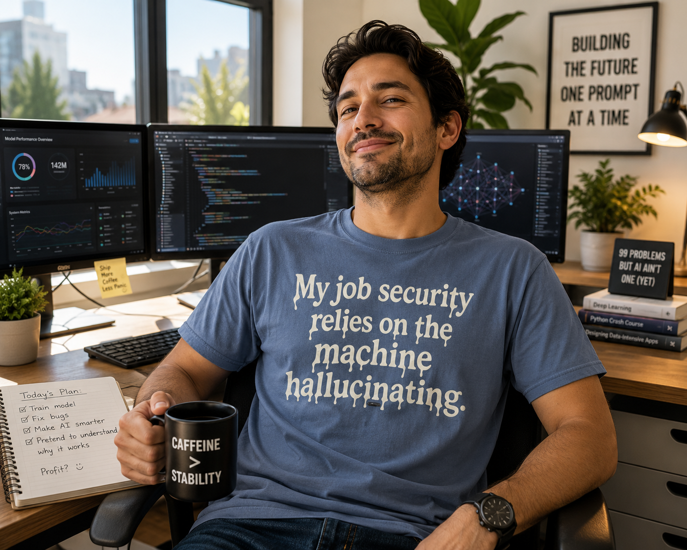 My job security relies on the machine hallucinating -Funny AI Tech Tee