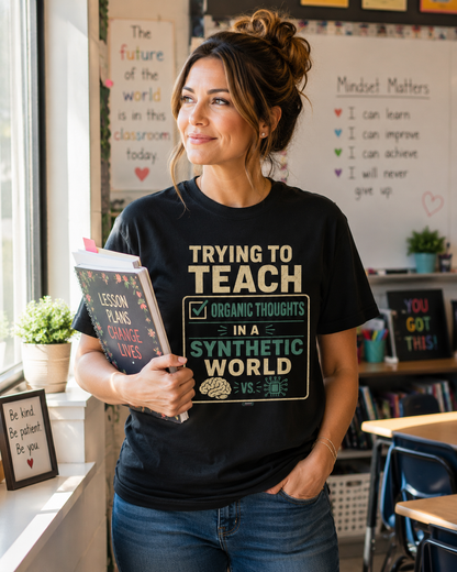 BTS: Trying To Teach Organic Thoughts In A Synthetic World- Graphic Tee (Teacher / Parent Humor)
