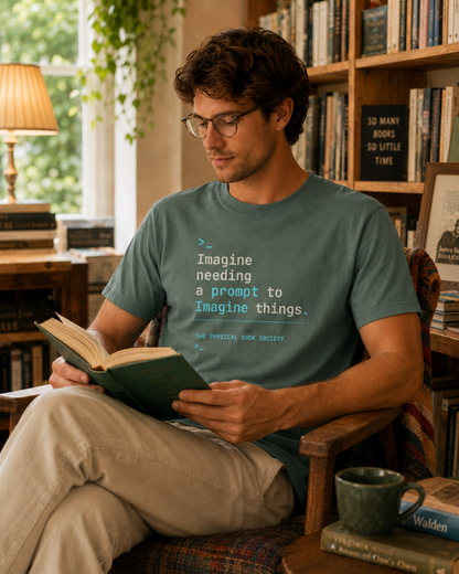 BOOKTee: Imagine needing a prompt to imagine things.” Literary AI Humor Tee