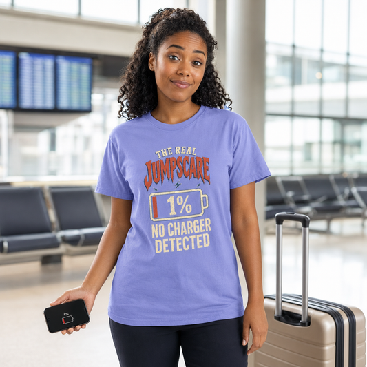 The Real Jump Scare 1% Battery- No Charger Detected Graphic Tee