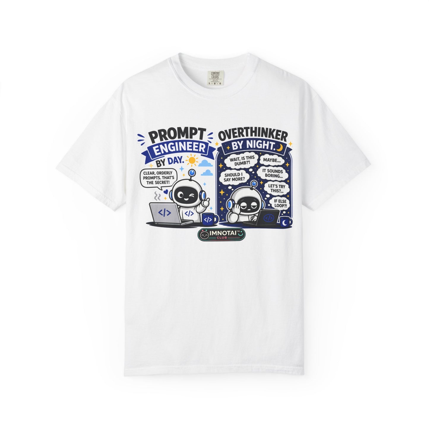 White t-shirt with a graphic design featuring text and icons on a white background