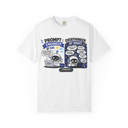 White t-shirt with a graphic design featuring text and icons on a white background