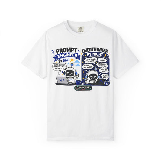 White t-shirt with a graphic design featuring text and icons on a white background