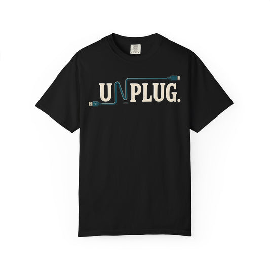 UNPLUG Graphic T-Shirt — Retro Cord Design "UNPLUG."