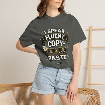 Person wearing a gray t-shirt with text design in a casual setting
