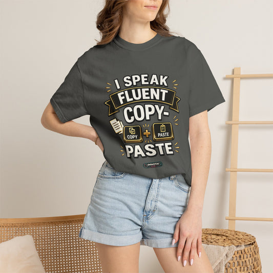 Person wearing a gray t-shirt with text design in a casual setting