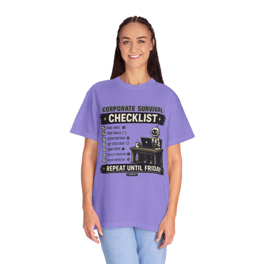 Person wearing a purple t-shirt with a humorous checklist design on a white background