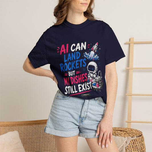 Person wearing a navy blue t-shirt with humorous text and graphics, standing against a neutral background.