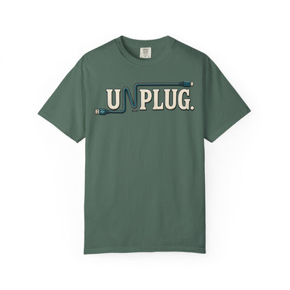 UNPLUG Graphic T-Shirt — Retro Cord Design "UNPLUG."