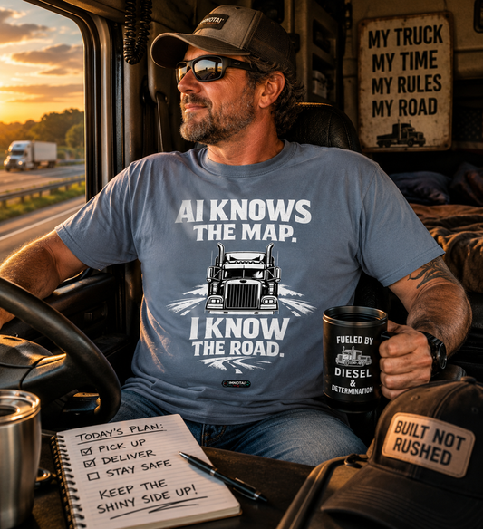 Truck Driver T-Shirt – “AI Knows the Map. I Know the Road.” Graphic Tee