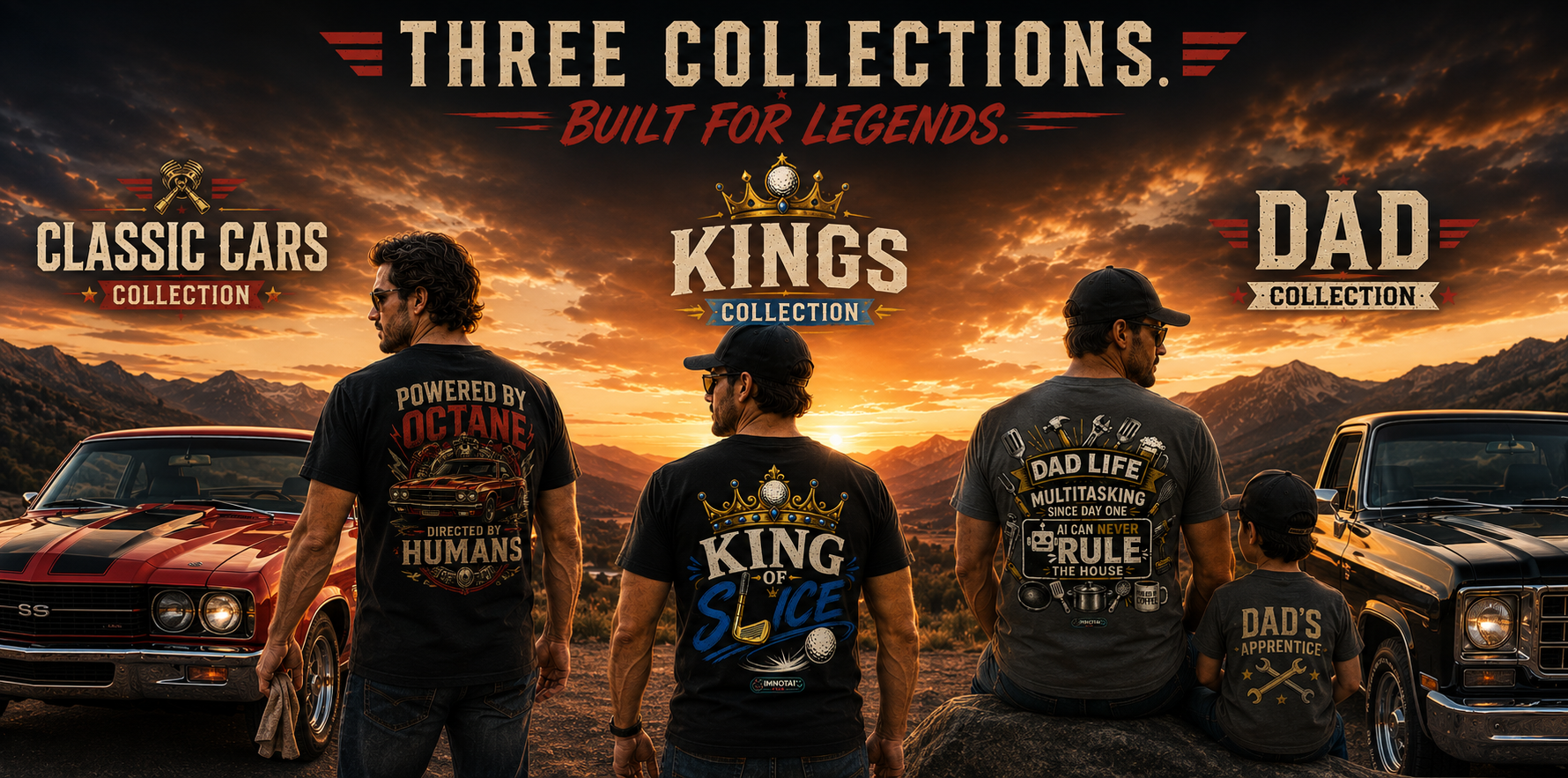 Three Collections. Built for Legends. Classic Cars, Kings, and Dad Collection banner.